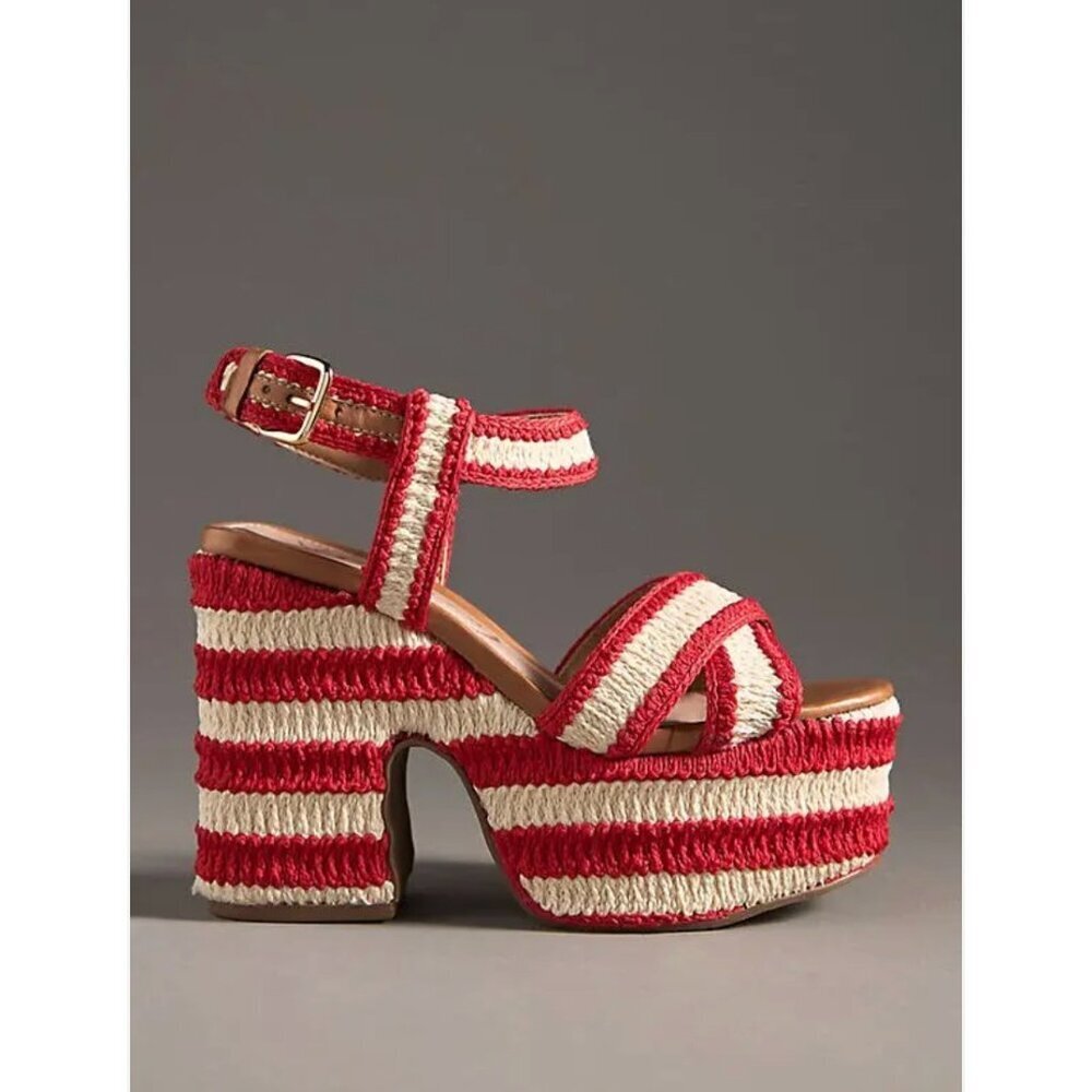 Anthropologie Vicenza Crochet Platform Heels Red Ivory Chunky Platform 41